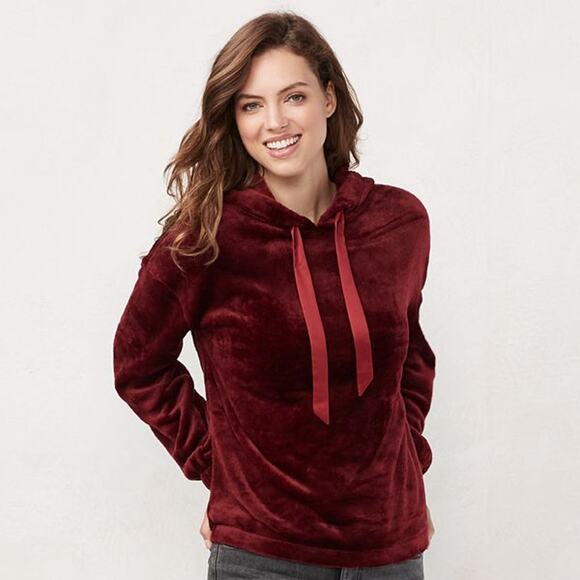 LC Lauren Conrad XSmall XS Red Faux Fur Hoodie Sweatshirt Cozy Lounge Womens - Picture 8 of 8